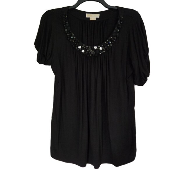 MICHAEL KORS Black Scoop Neck Beaded  Short Sleeve Top 1X - Picture 1 of 5